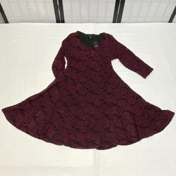 Torrid ¾ Sleeve Flocked Lace Scoop Neck Lined Princess Seam ALine Dress Burgundy - Picture 7 of 12